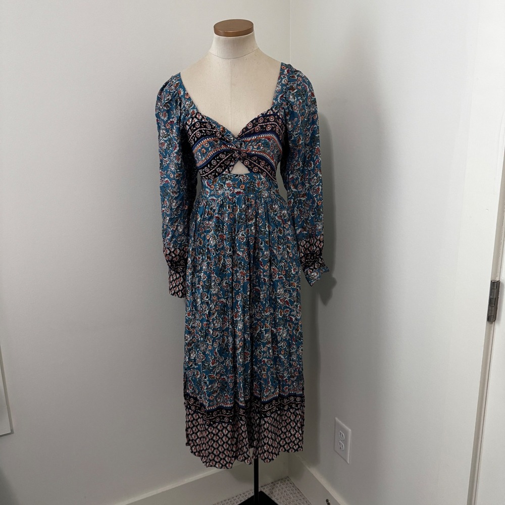 Angie Medium Floral Twist Front Cutout Long Sleeve Midi Dress Boho Festival
